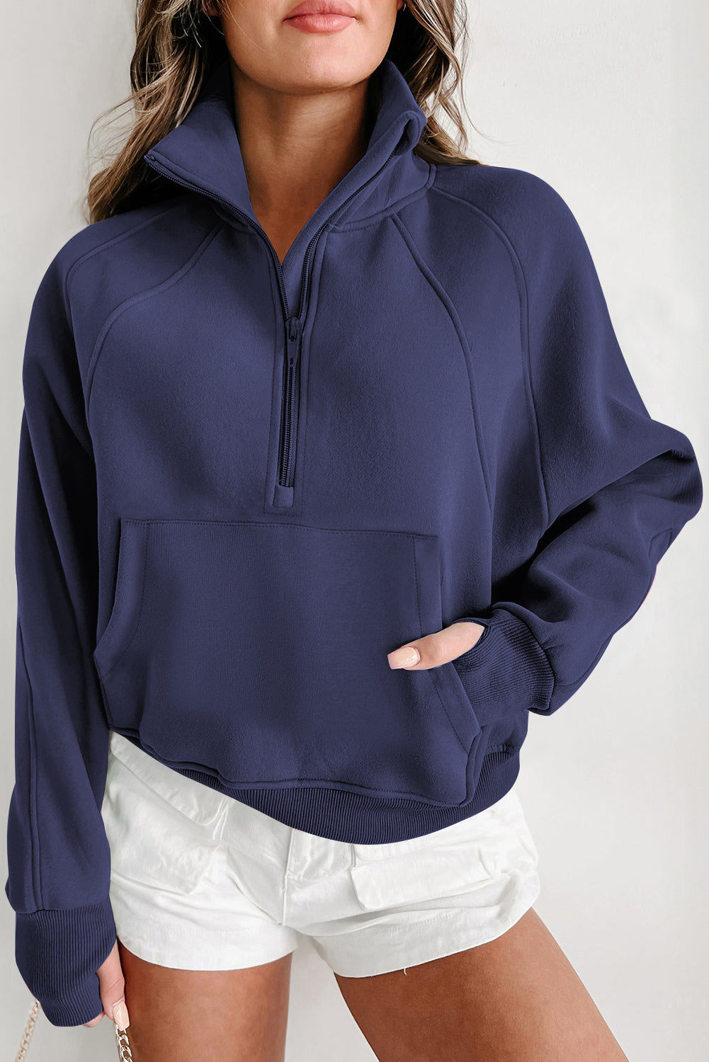 Parchment Zip Up Stand Collar Ribbed Thumbhole Sleeve Sweatshirt