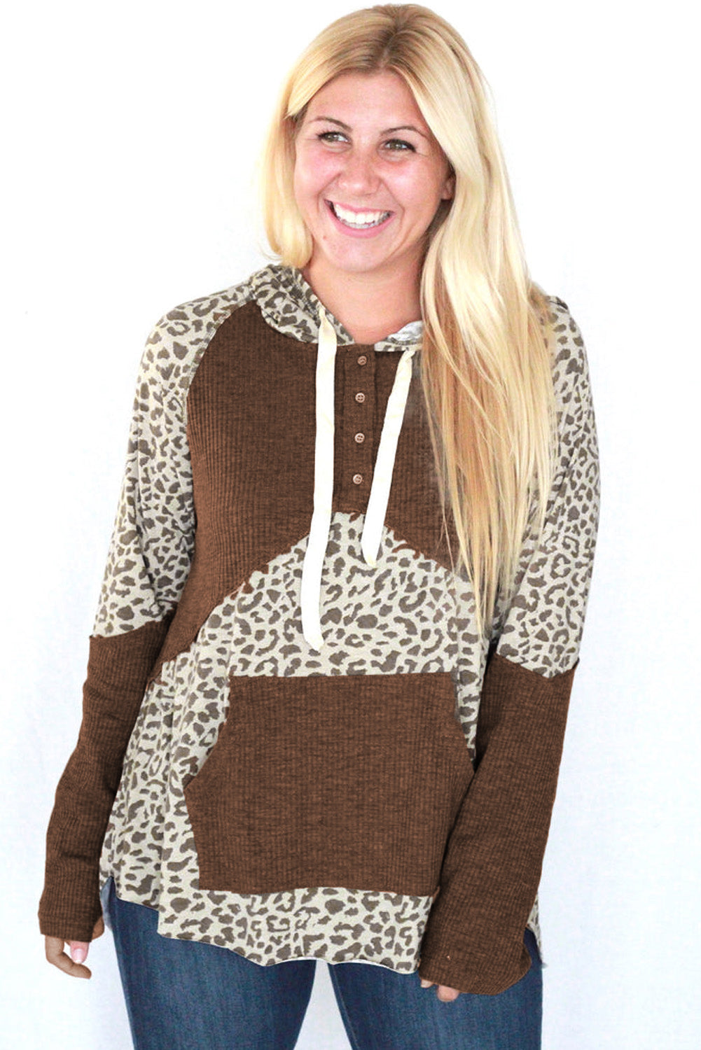 Leopard Ribbed Patchwork Kangaroo Pocket Henley Hoodie