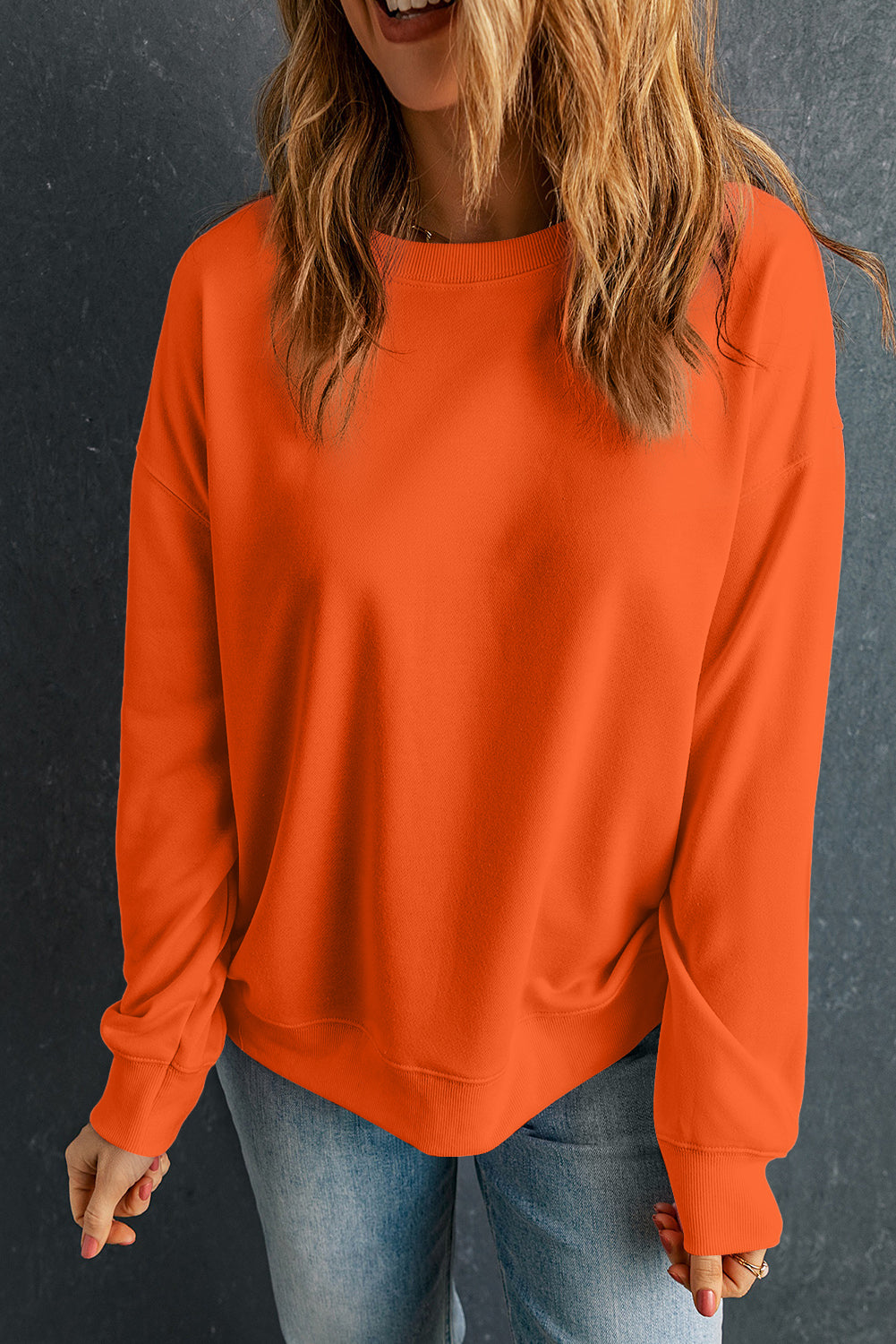 Orange Solid Color Classic Crewneck Pullover Sweatshirt