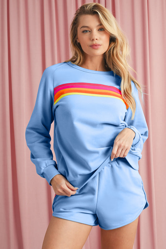 Beau Blue Colorful Striped Long Sleeve Pullover and Shorts Set