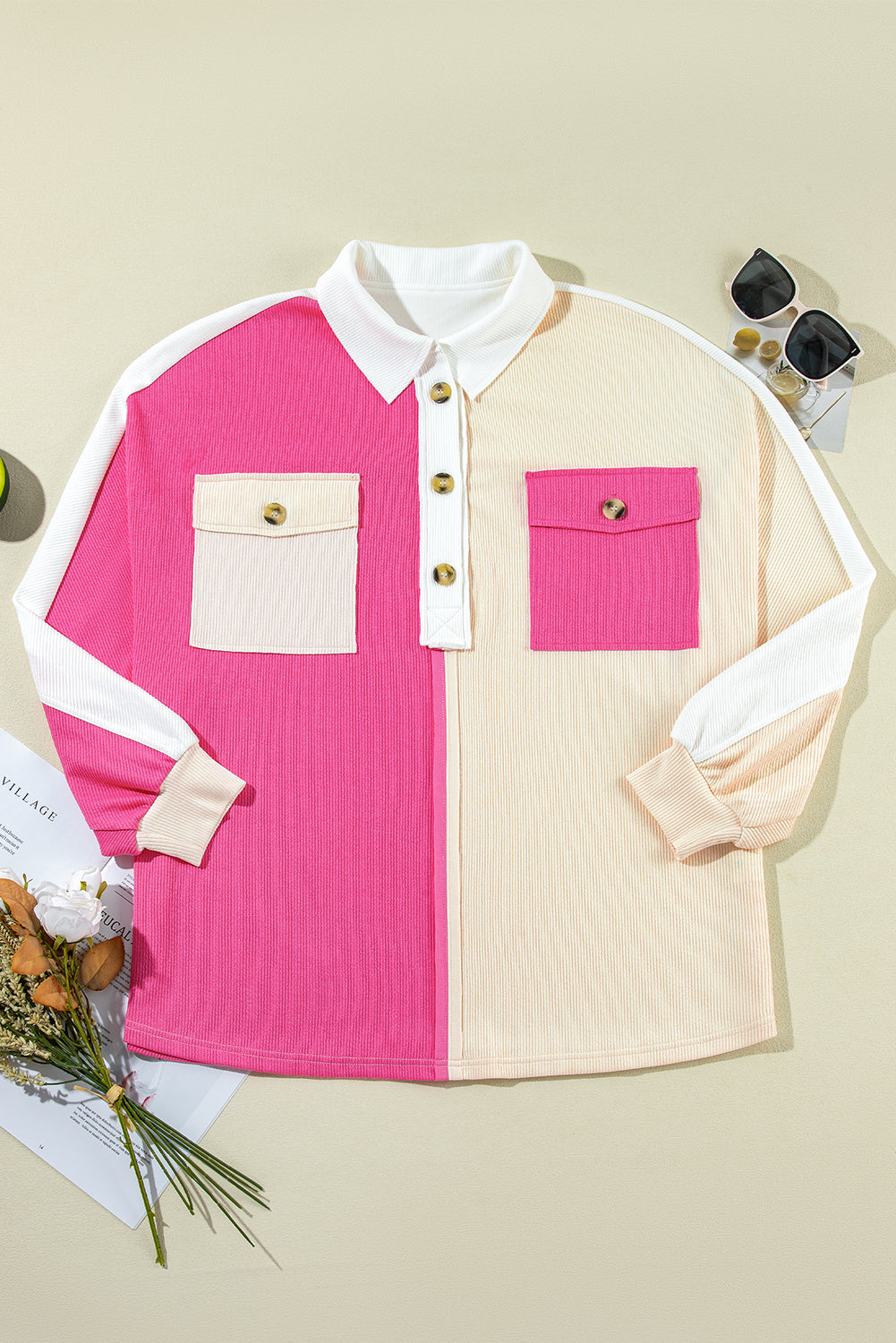 Pink Colorblock Patchwork Ribbed Oversized Sweatshirt