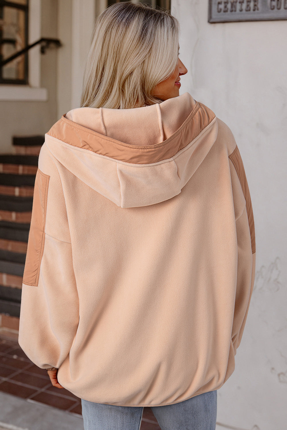 Light French Beige Patchwork Half Zip Oversized Sherpa Hoodie