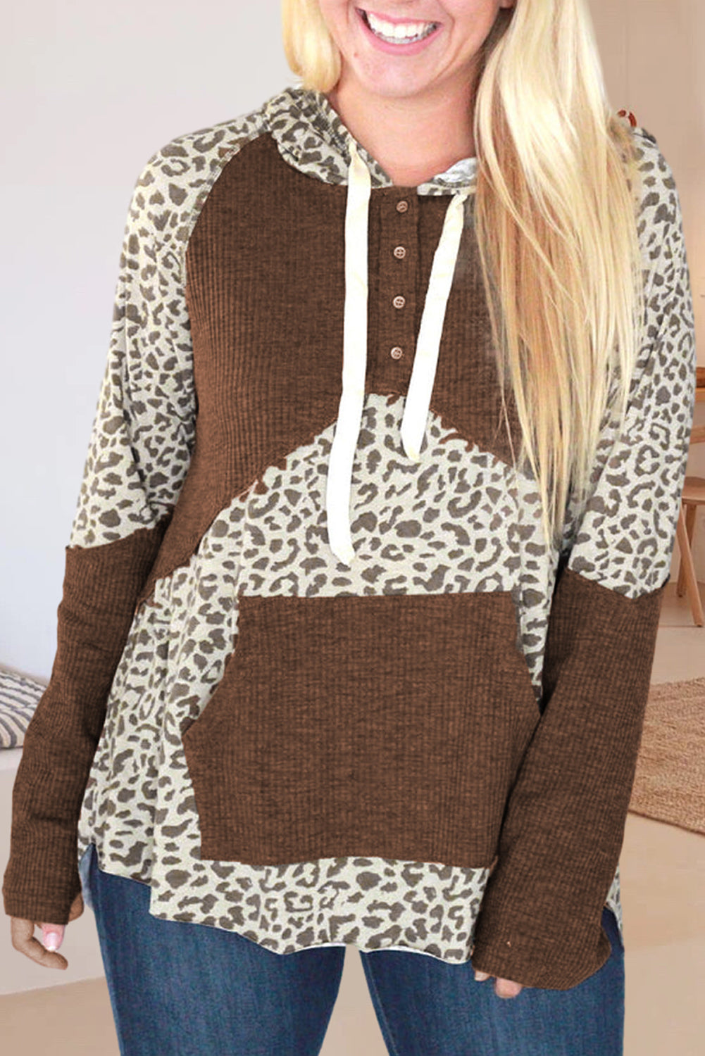 Leopard Ribbed Patchwork Kangaroo Pocket Henley Hoodie