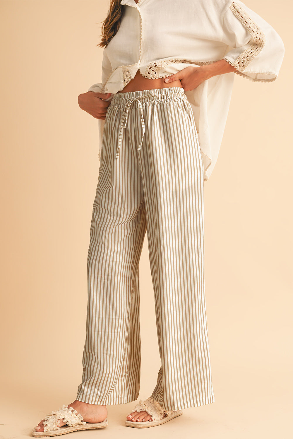 Khaki Striped Drawstring Waist Loose Pants